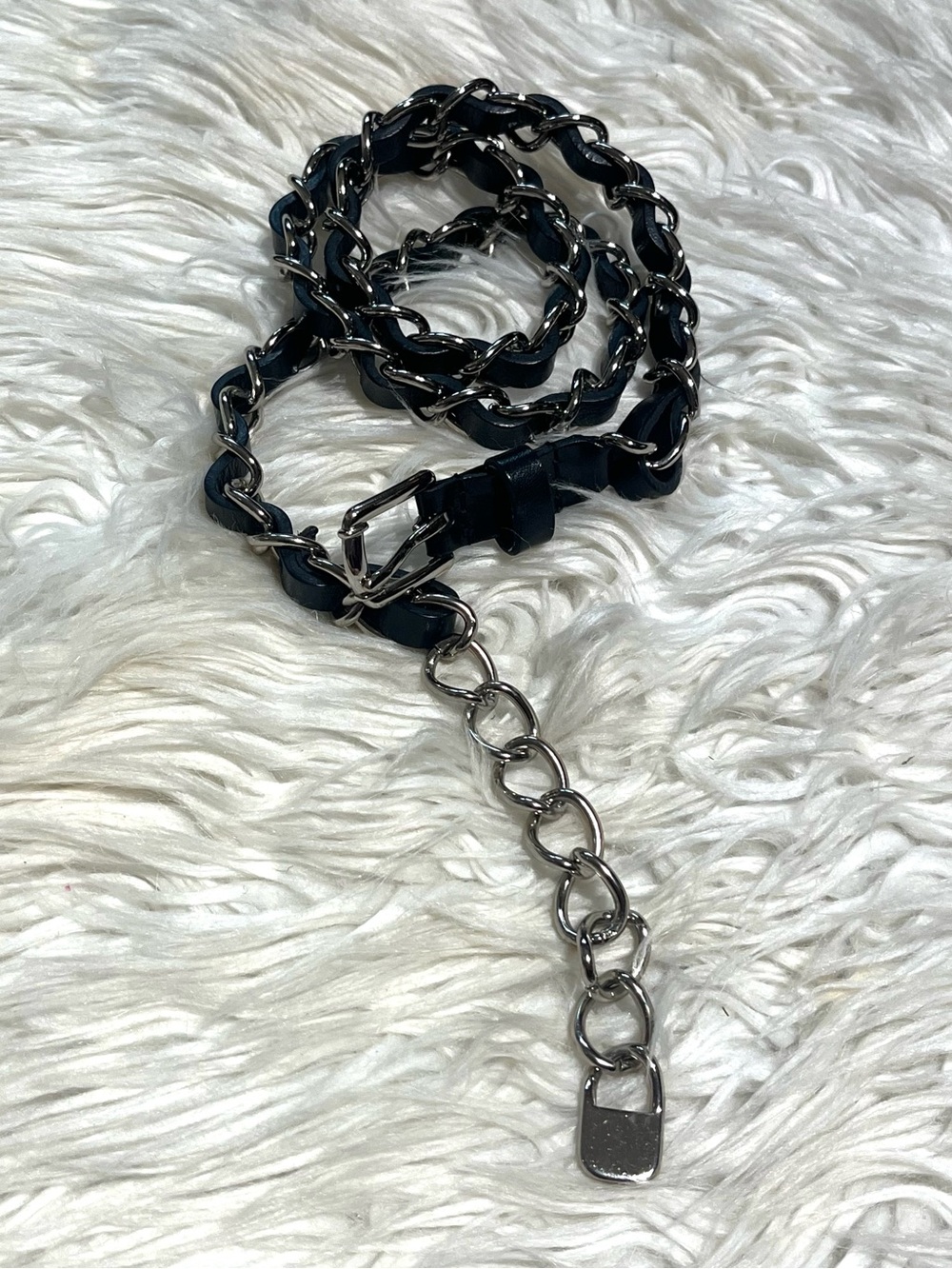 VTG Woven Black Leather & Silver Metallic Chain Link Belt w/Locket Charm